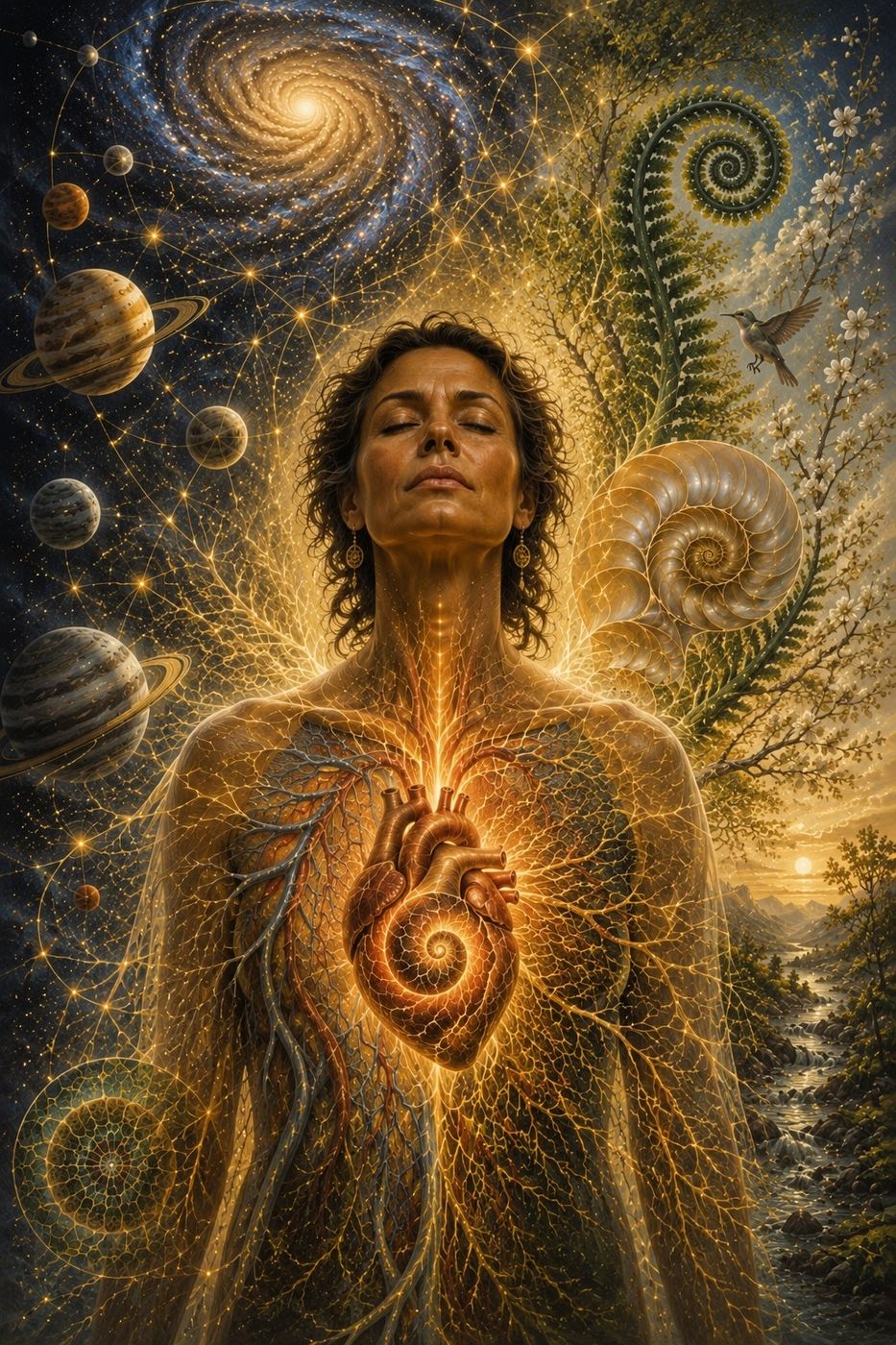 A woman with a luminous heart, woven of cosmos, nature and golden light